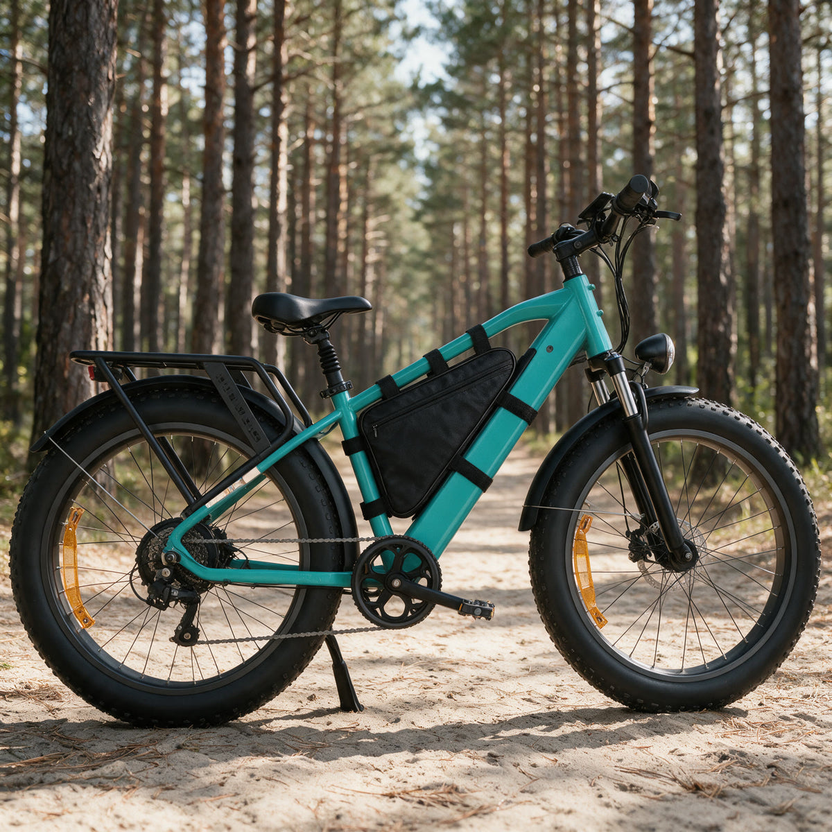 Sacoche de cadre sur un fatbike en forêt