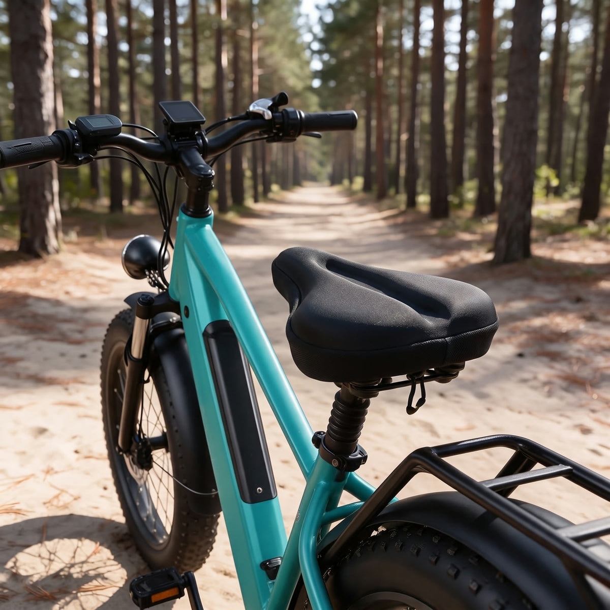 Couvre-selle gel sur un fatbike sur un chemin de forêt, rainure centrale bien visible