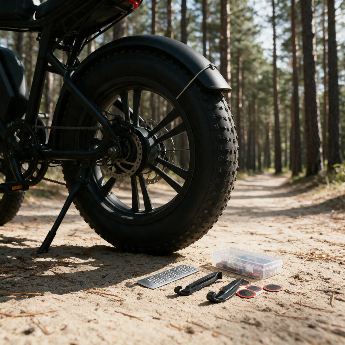 Kit de réparation à côté d'un fatbike en forêt