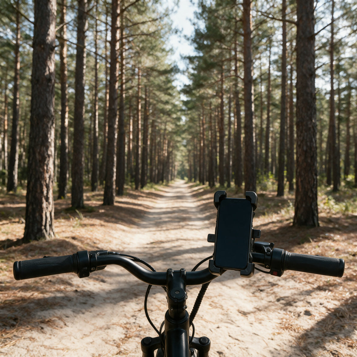 Support téléphone sur un fatbike en forêt