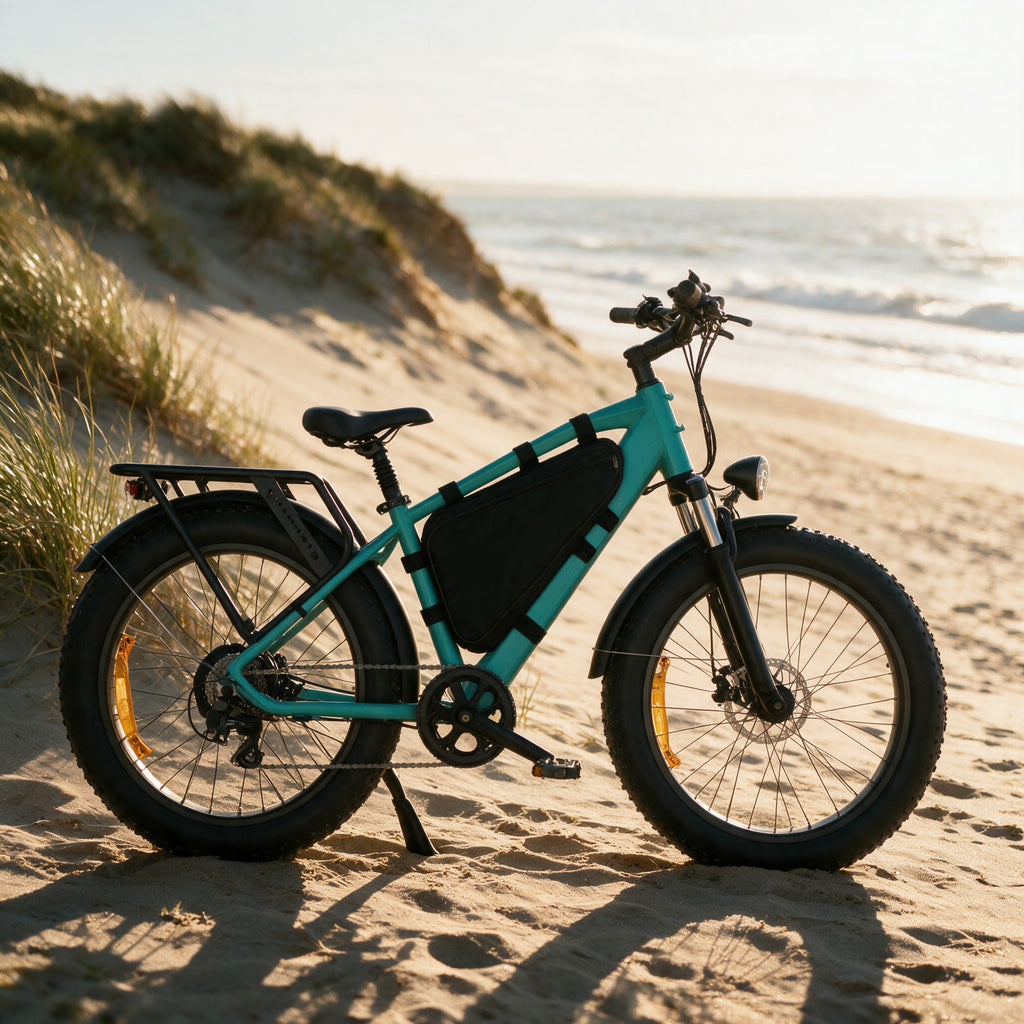 Sacoche de cadre sur un fatbike au bord de la plage