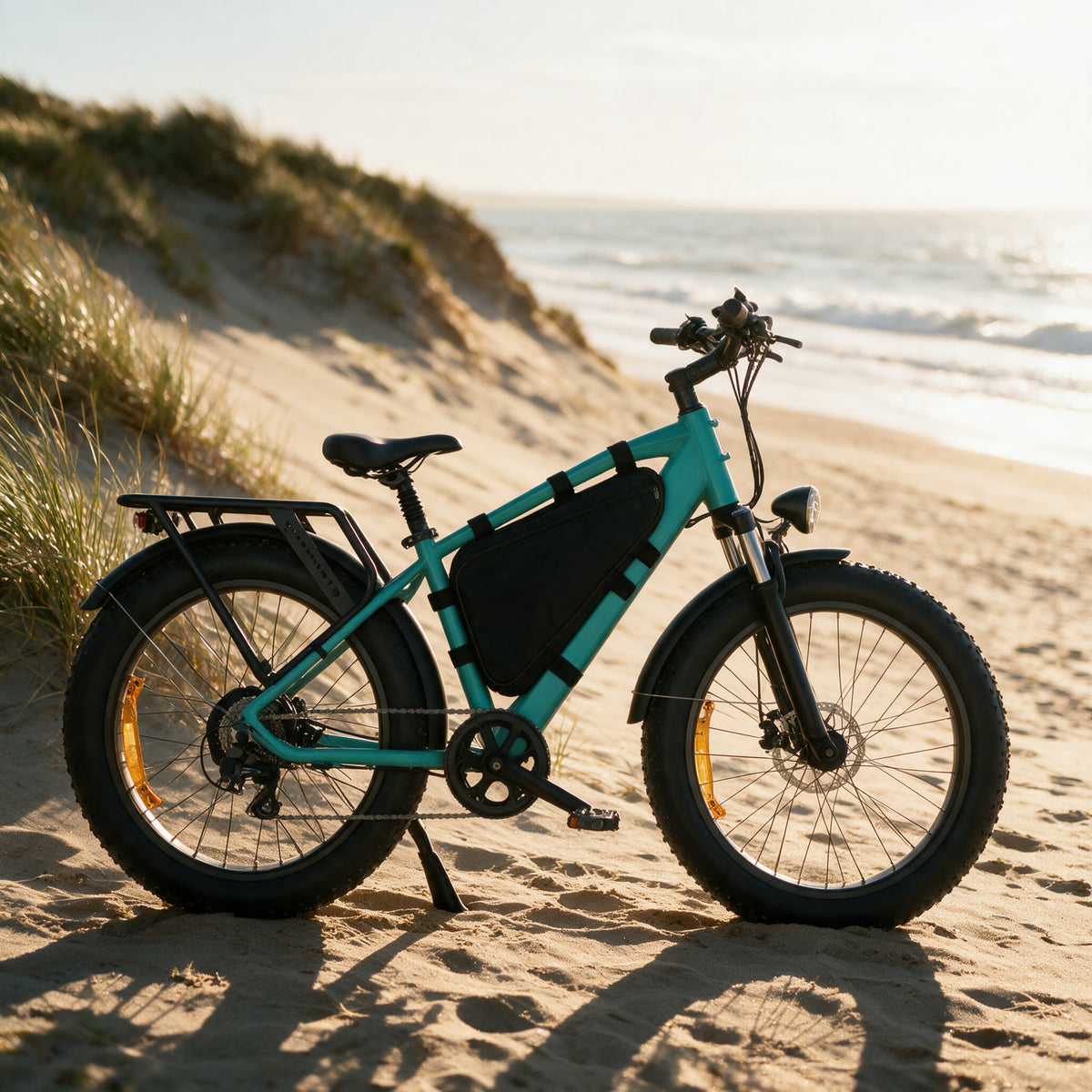 Sacoche de cadre sur un fatbike au bord de la plage
