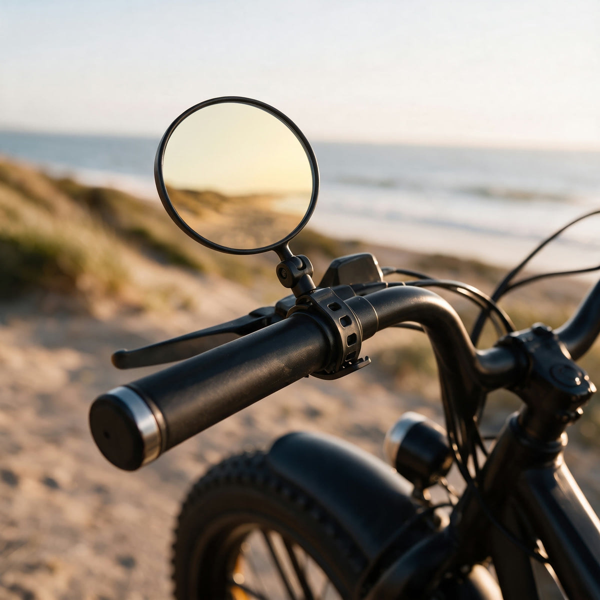 Rétroviseur rond fixé par sa sangle sur le guidon d'un fatbike, juste à l'intérieur de la poignée, au bord de la plage