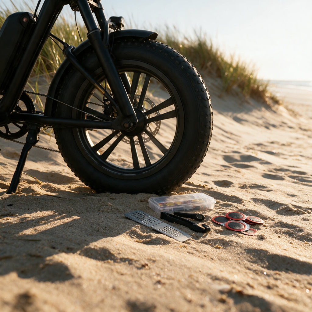 Kit de réparation à côté d'un fatbike au bord de la plage