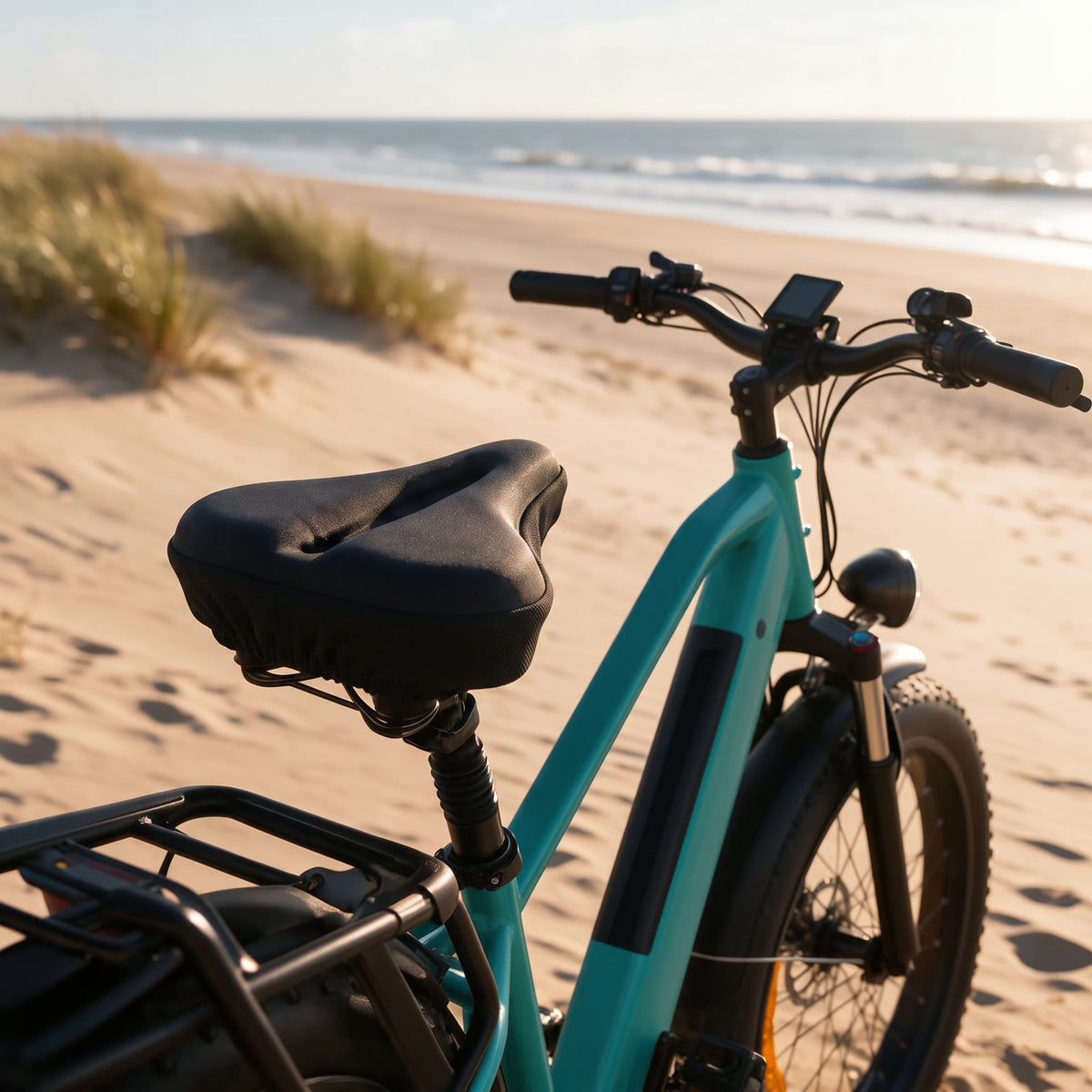 Couvre-selle gel sur un fatbike au bord de la plage, rainure centrale et ourlet élastique visibles