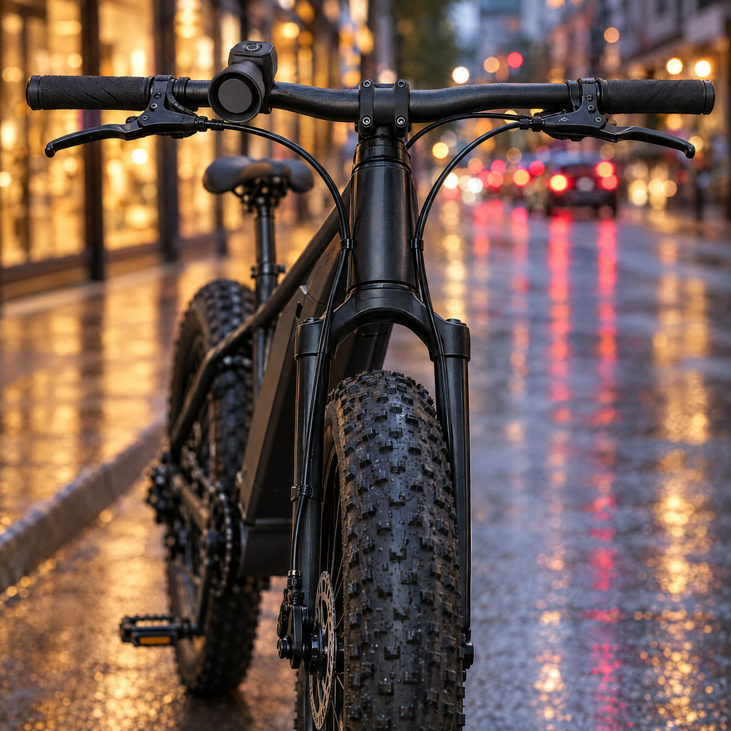 Klaxon électrique monté sur le guidon d'un fatbike en ville
