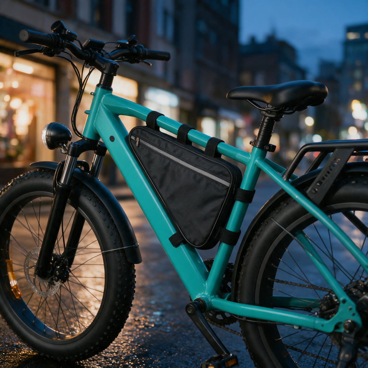 Sacoche de cadre montée sur un fatbike en ville