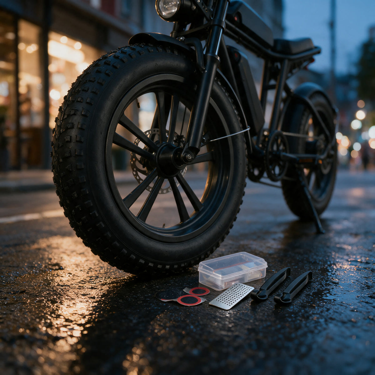 Kit de réparation posé au sol à côté d'un fatbike en ville