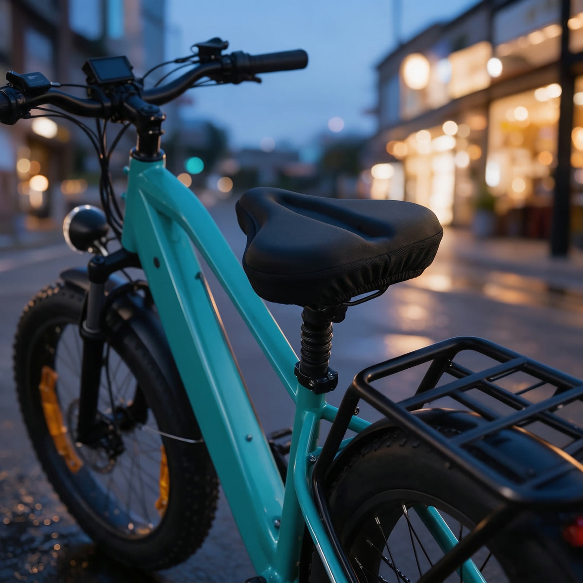 Couvre-selle gel enfilé sur la selle d'un fatbike en ville, rainure centrale bien visible