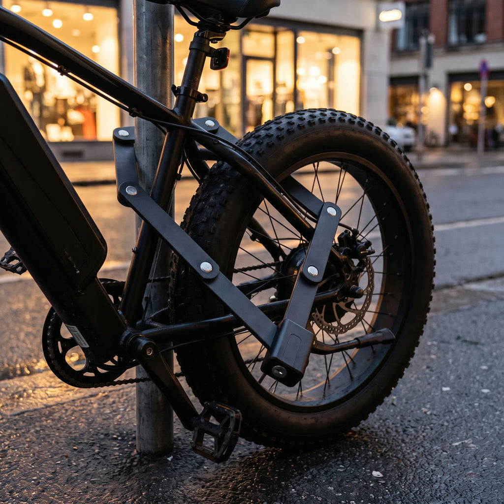 Antivol pliant refermé autour du cadre et de la roue arrière d'un fatbike, les lames passant derrière un poteau de rue