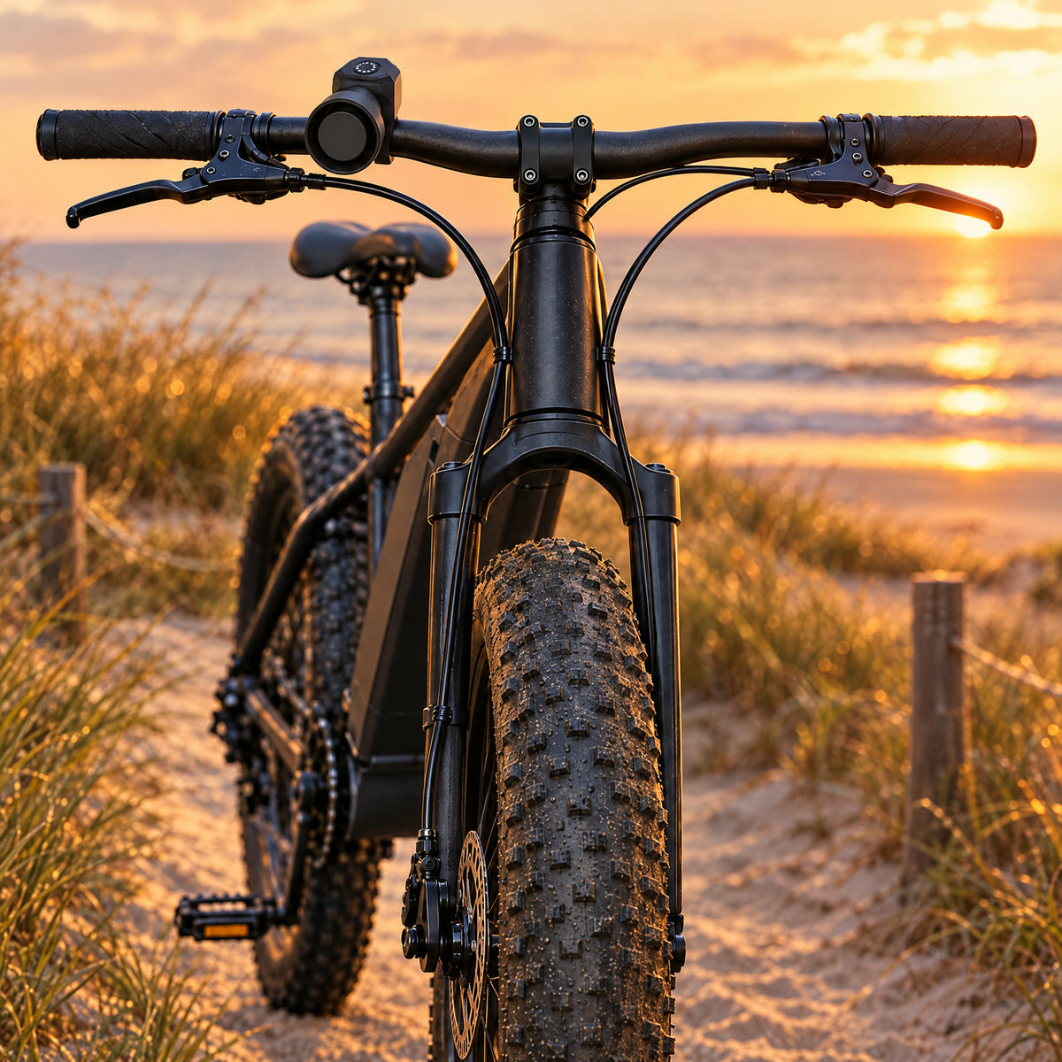 Klaxon électrique fixé par sangle sur le guidon d'un fatbike au bord de la plage