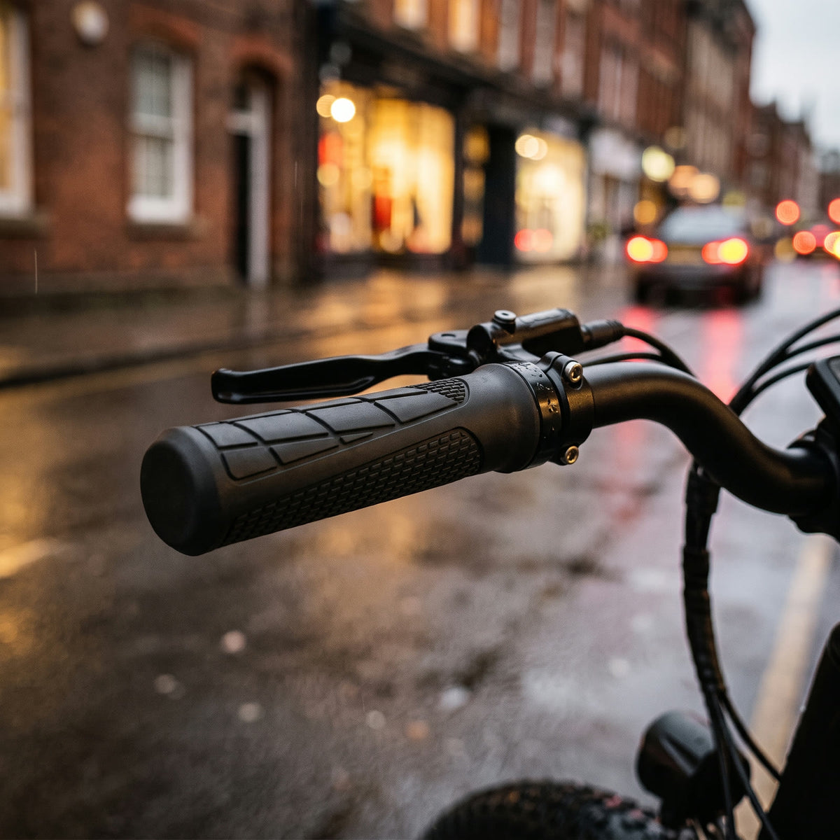 Poignée lock-on montée sur le guidon d'un fatbike dans une rue mouillée