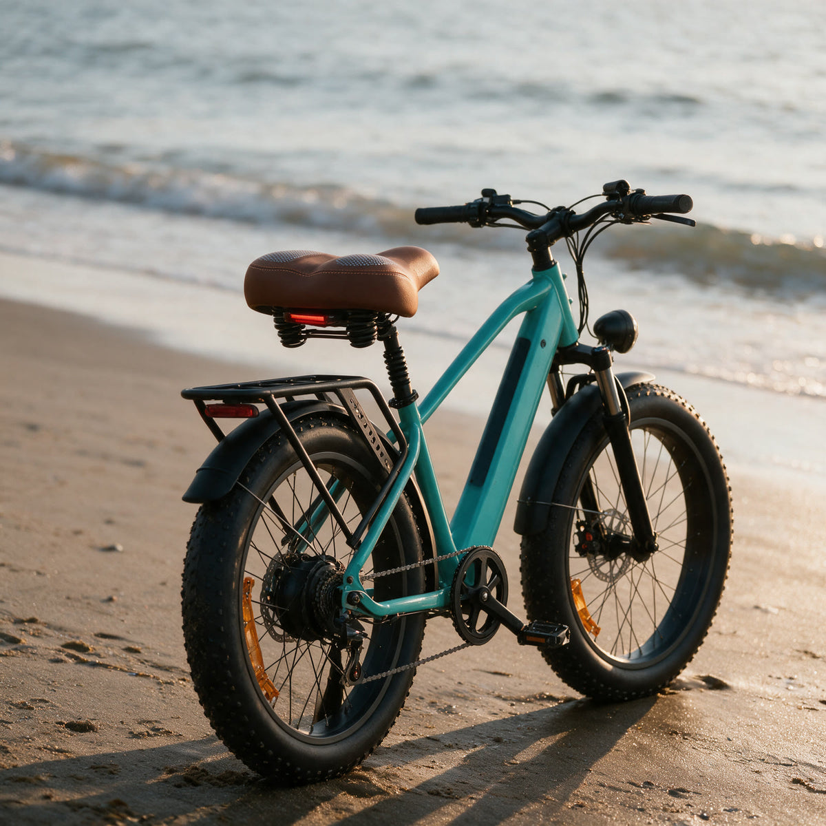 Selle confort cuir brun montée sur la tige de selle d'un fatbike turquoise, sur le sable au bord de l'eau