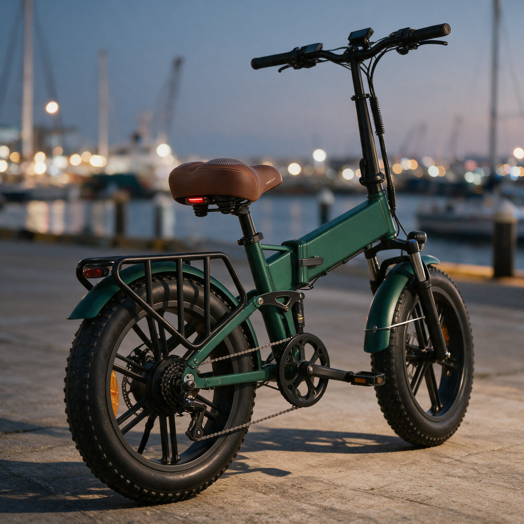 Selle confort cuir brun montée sur un fatbike pliant vert, feu arrière rouge allumé, sur un quai de port à la tombée du jour