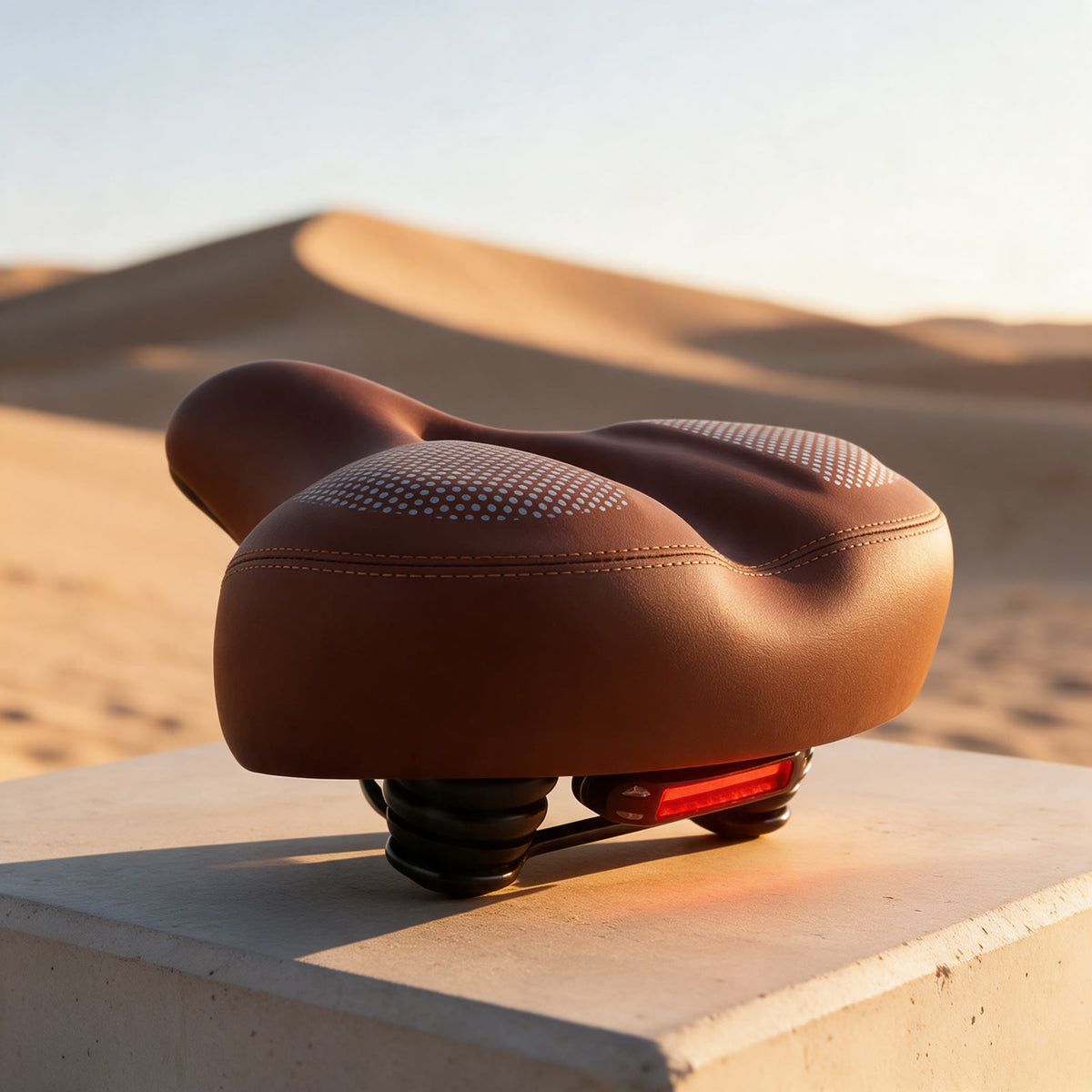 Selle confort FATADDICT en simili cuir brun, ressorts élastomère noirs et feu arrière rouge, posée sur un socle béton devant des dunes