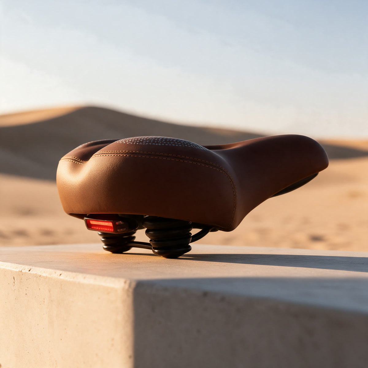 Selle confort cuir brun vue de profil : assise large, surpiqûres, ressorts et feu arrière intégré